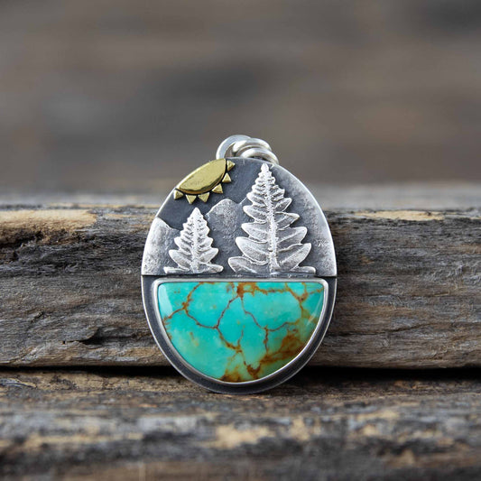 Golden Sun Forest Scene Pendant w/Kingman Gold Turquoise