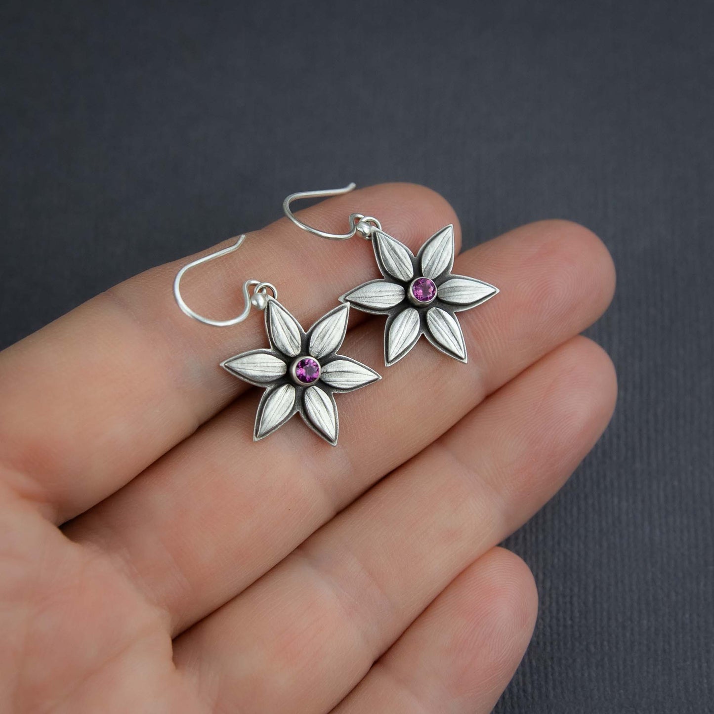 Pink Rain Lily Earrings w/Rhodolite Garnet