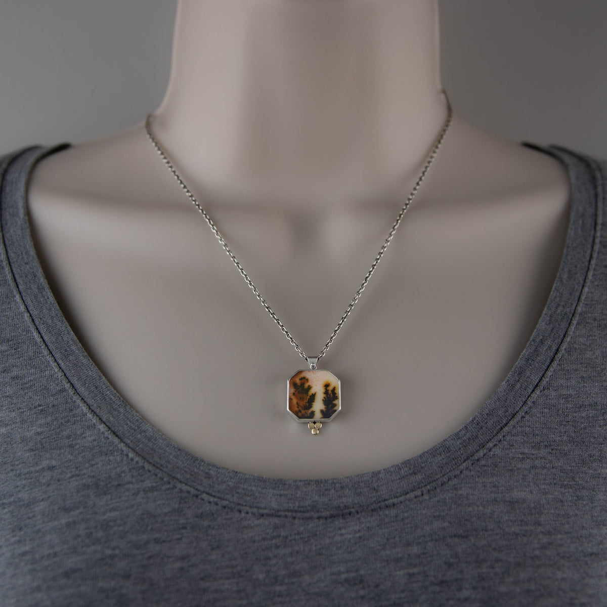 Dendritic Agate Hexagon Pendant w/18k Gold